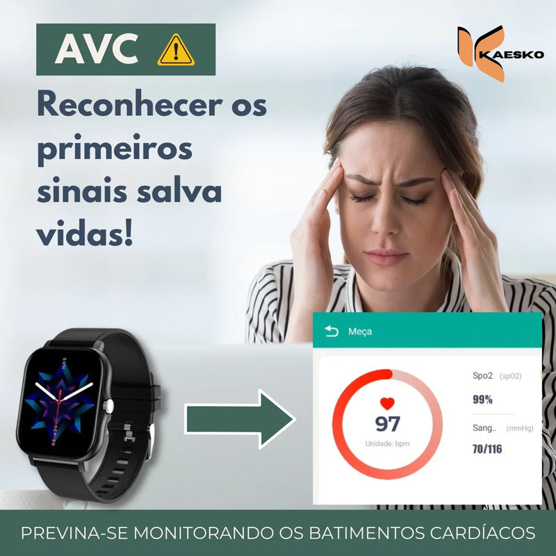 Smartwatch Touch Plus -  prevenção do AVC, monitore batimentos, à prova d'água, troca a pulseira